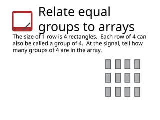 Relate equal
groups to arrays
The size of 1 row is 4 rectangles. Each row of 4 can
also be called a group of 4. At the signal, tell how
many groups of 4 are in the array.
 