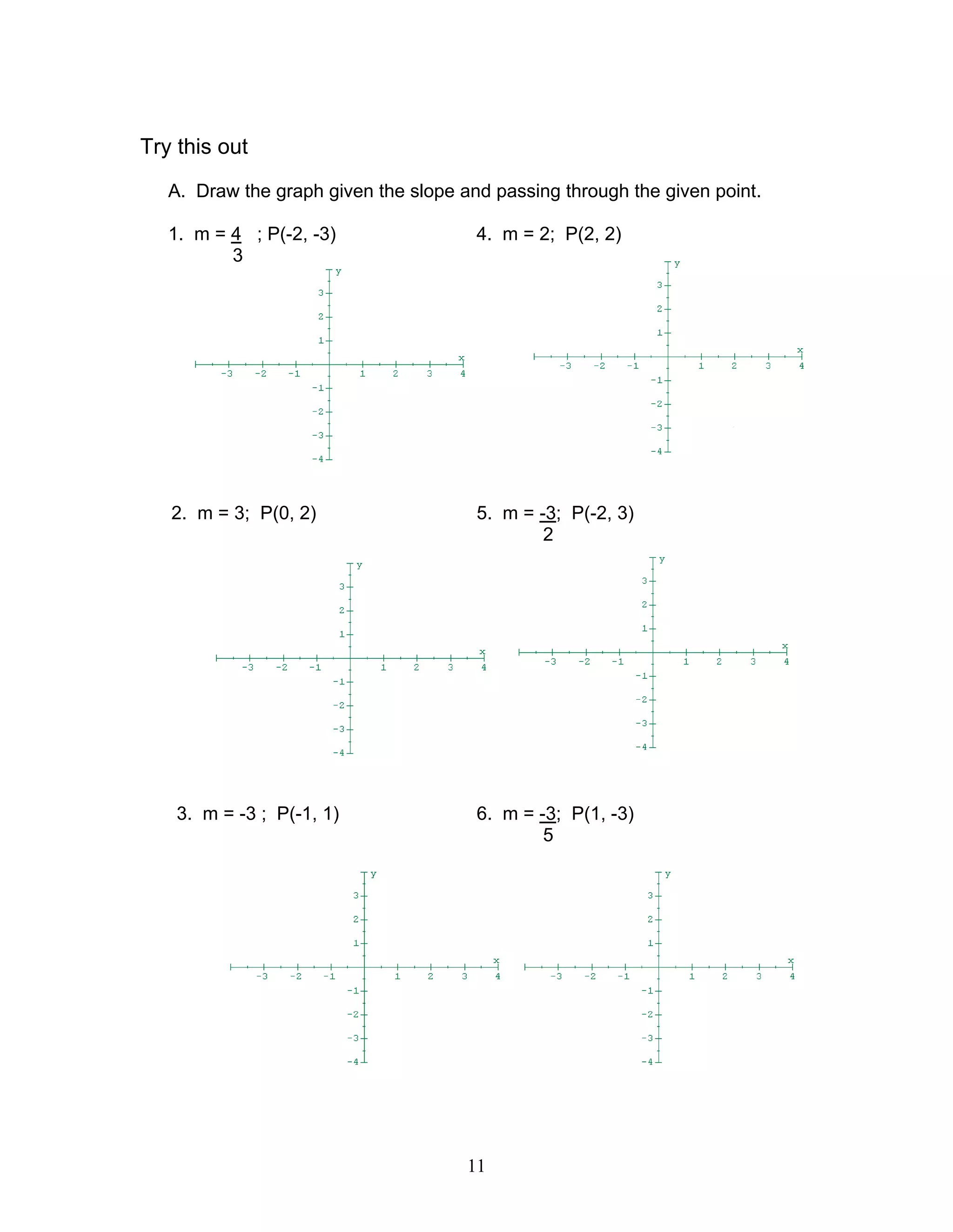 11
Try this out
A. Draw the graph given the slope and passing through the given point.
1. m = 4 ; P(-2, -3) 4. m = 2; P(2, 2)
3
2. m = 3; P(0, 2) 5. m = -3; P(-2, 3)
2
3. m = -3 ; P(-1, 1) 6. m = -3; P(1, -3)
5
 