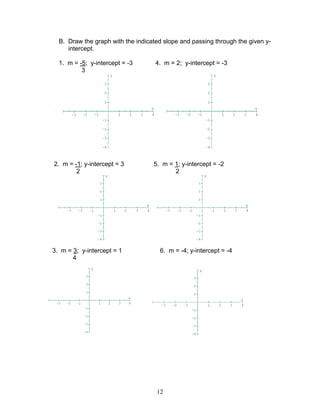 12
B. Draw the graph with the indicated slope and passing through the given y-
intercept.
1. m = -5; y-intercept = -3 4. m = 2; y-intercept = -3
3
2. m = -1; y-intercept = 3 5. m = 1; y-intercept = -2
2 2
3. m = 3; y-intercept = 1 6. m = -4; y-intercept = -4
4
 