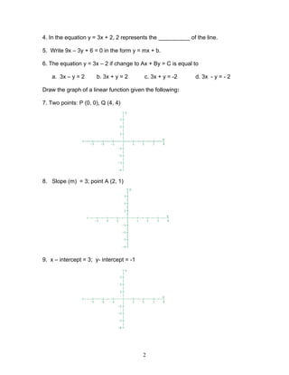 2
4. In the equation y = 3x + 2, 2 represents the __________ of the line.
5. Write 9x – 3y + 6 = 0 in the form y = mx + b.
6. The equation y = 3x – 2 if change to Ax + By = C is equal to
a. 3x – y = 2 b. 3x + y = 2 c. 3x + y = -2 d. 3x - y = - 2
Draw the graph of a linear function given the following:
7. Two points: P (0, 0), Q (4, 4)
8. Slope (m) = 3; point A (2, 1)
9. x – intercept = 3; y- intercept = -1
 