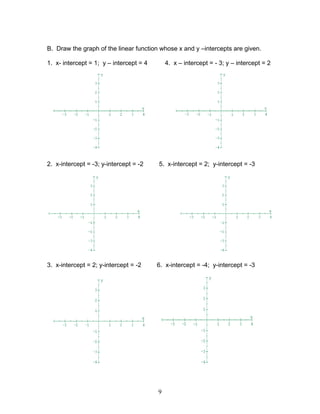 9
B. Draw the graph of the linear function whose x and y –intercepts are given.
1. x- intercept = 1; y – intercept = 4 4. x – intercept = - 3; y – intercept = 2
2. x-intercept = -3; y-intercept = -2 5. x-intercept = 2; y-intercept = -3
3. x-intercept = 2; y-intercept = -2 6. x-intercept = -4; y-intercept = -3
 
