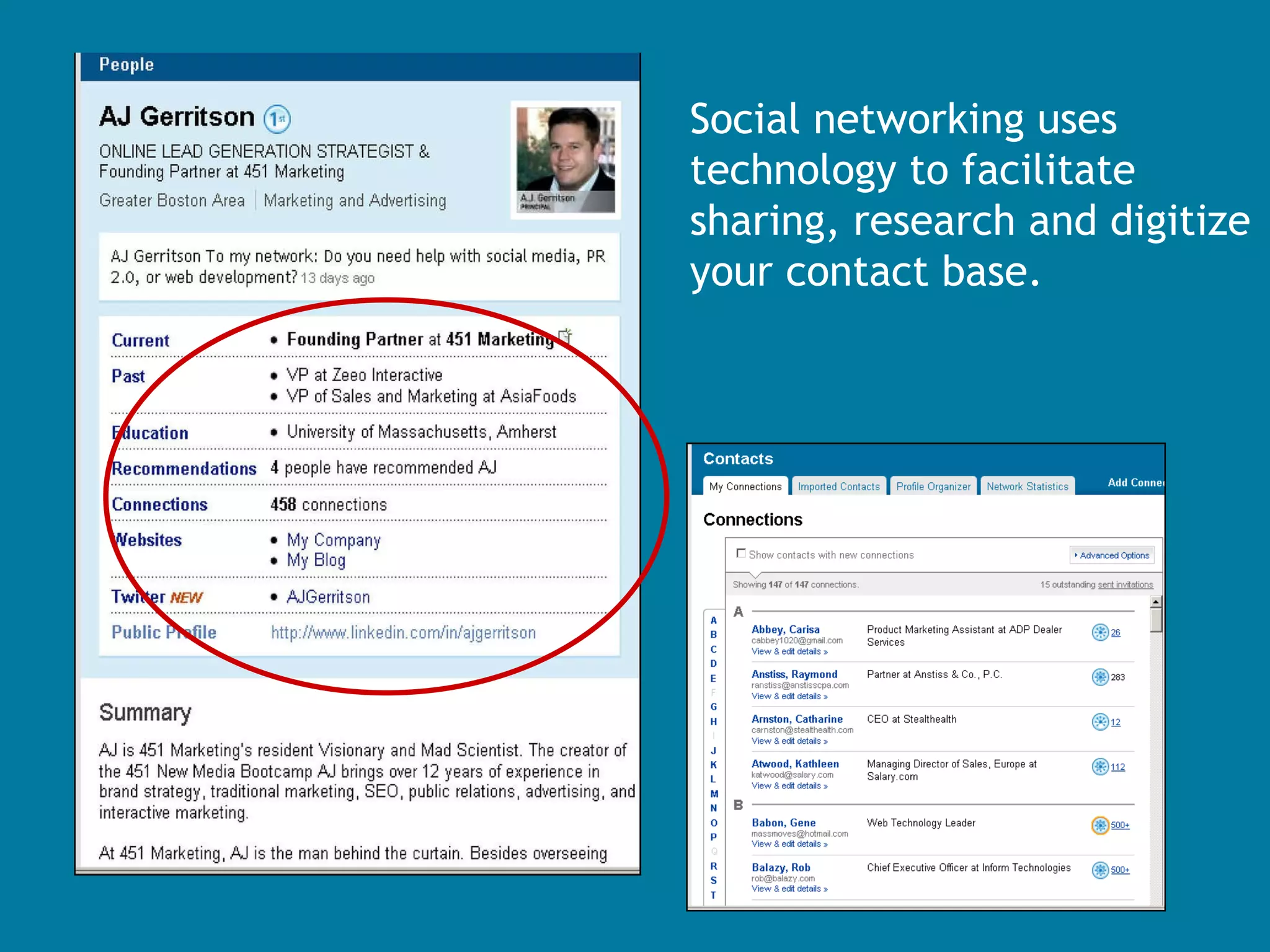 Social networking uses technology to facilitate sharing, research and digitize your contact base. 