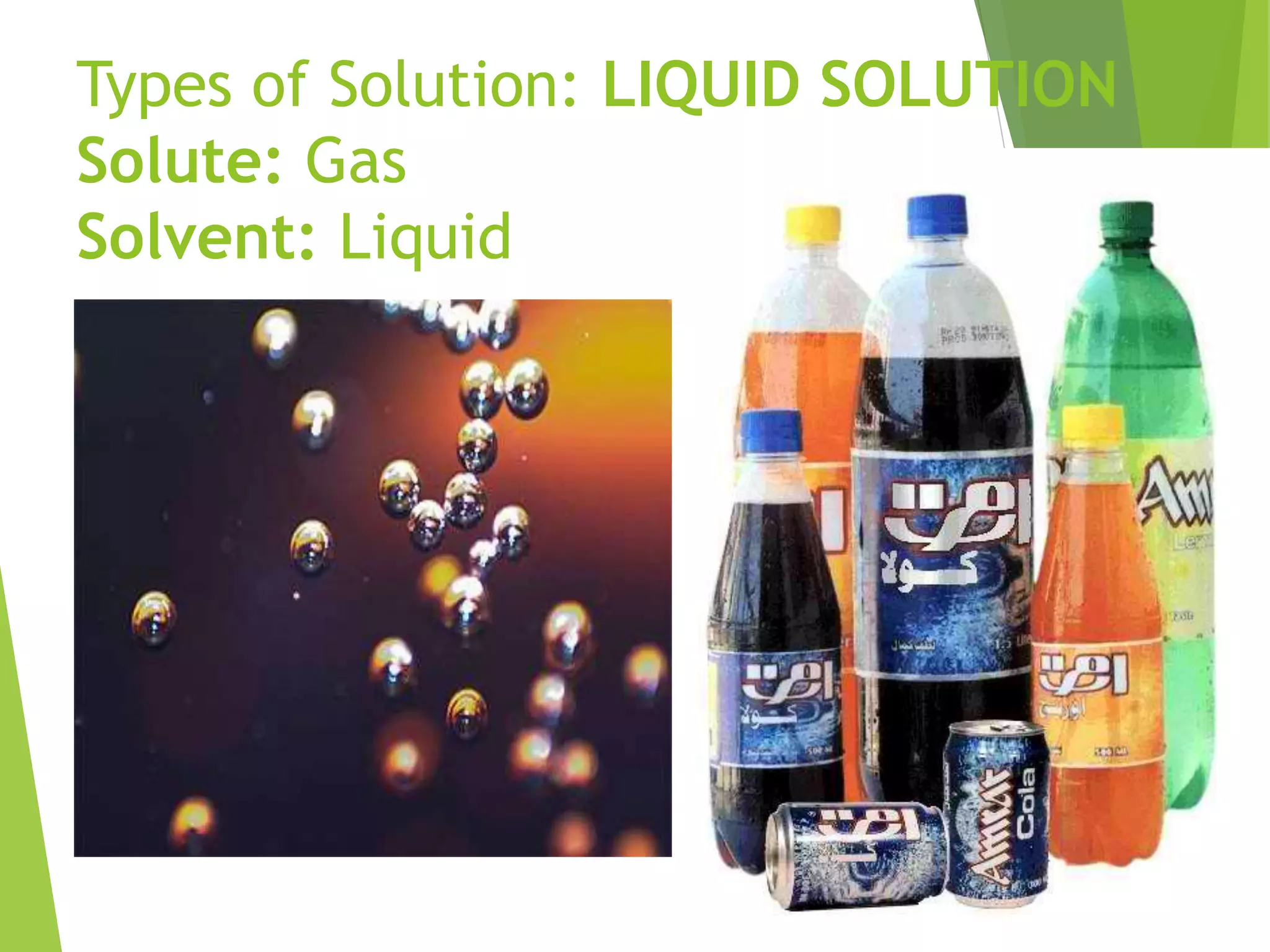 Types of Solution: LIQUID SOLUTION 
Solute: Gas 
Solvent: Liquid 
 