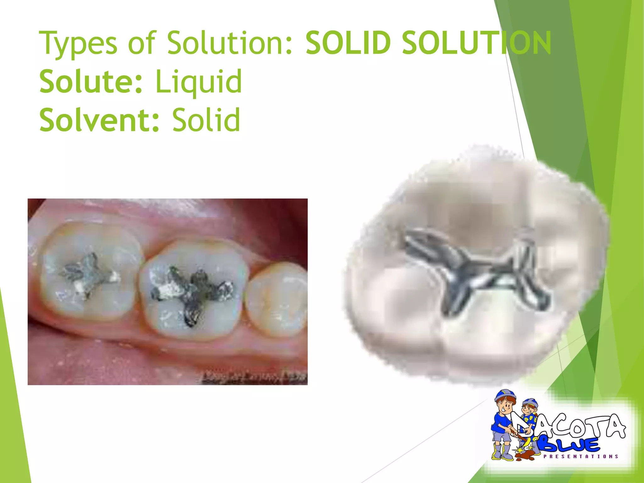 Types of Solution: SOLID SOLUTION 
Solute: Liquid 
Solvent: Solid 
 