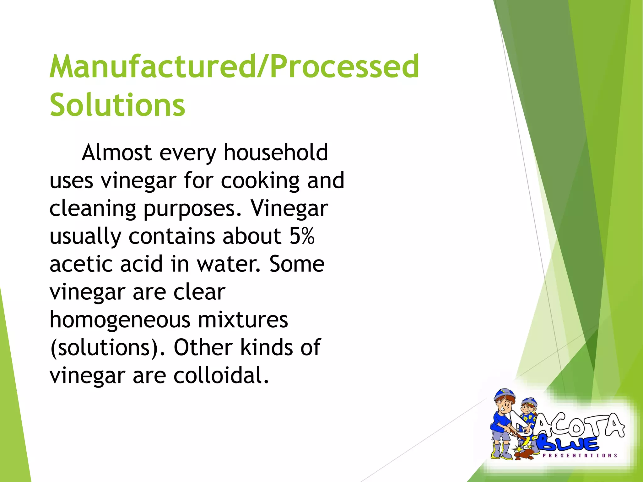 Manufactured/Processed 
Solutions 
Almost every household 
uses vinegar for cooking and 
cleaning purposes. Vinegar 
usually contains about 5% 
acetic acid in water. Some 
vinegar are clear 
homogeneous mixtures 
(solutions). Other kinds of 
vinegar are colloidal. 
 