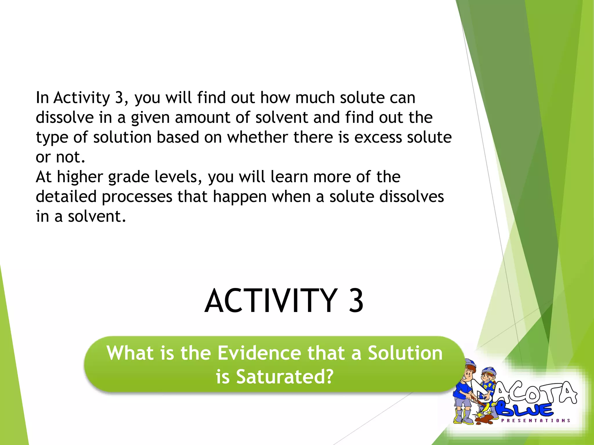 In Activity 3, you will find out how much solute can 
dissolve in a given amount of solvent and find out the 
type of solution based on whether there is excess solute 
or not. 
At higher grade levels, you will learn more of the 
detailed processes that happen when a solute dissolves 
in a solvent. 
ACTIVITY 3 
What is the Evidence that a Solution 
is Saturated? 
 