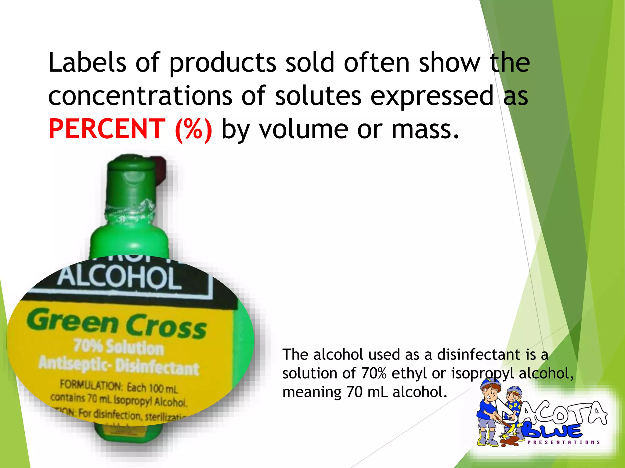 Labels of products sold often show the 
concentrations of solutes expressed as 
PERCENT (%) by volume or mass. 
The alcohol used as a disinfectant is a 
solution of 70% ethyl or isopropyl alcohol, 
meaning 70 mL alcohol. 
 