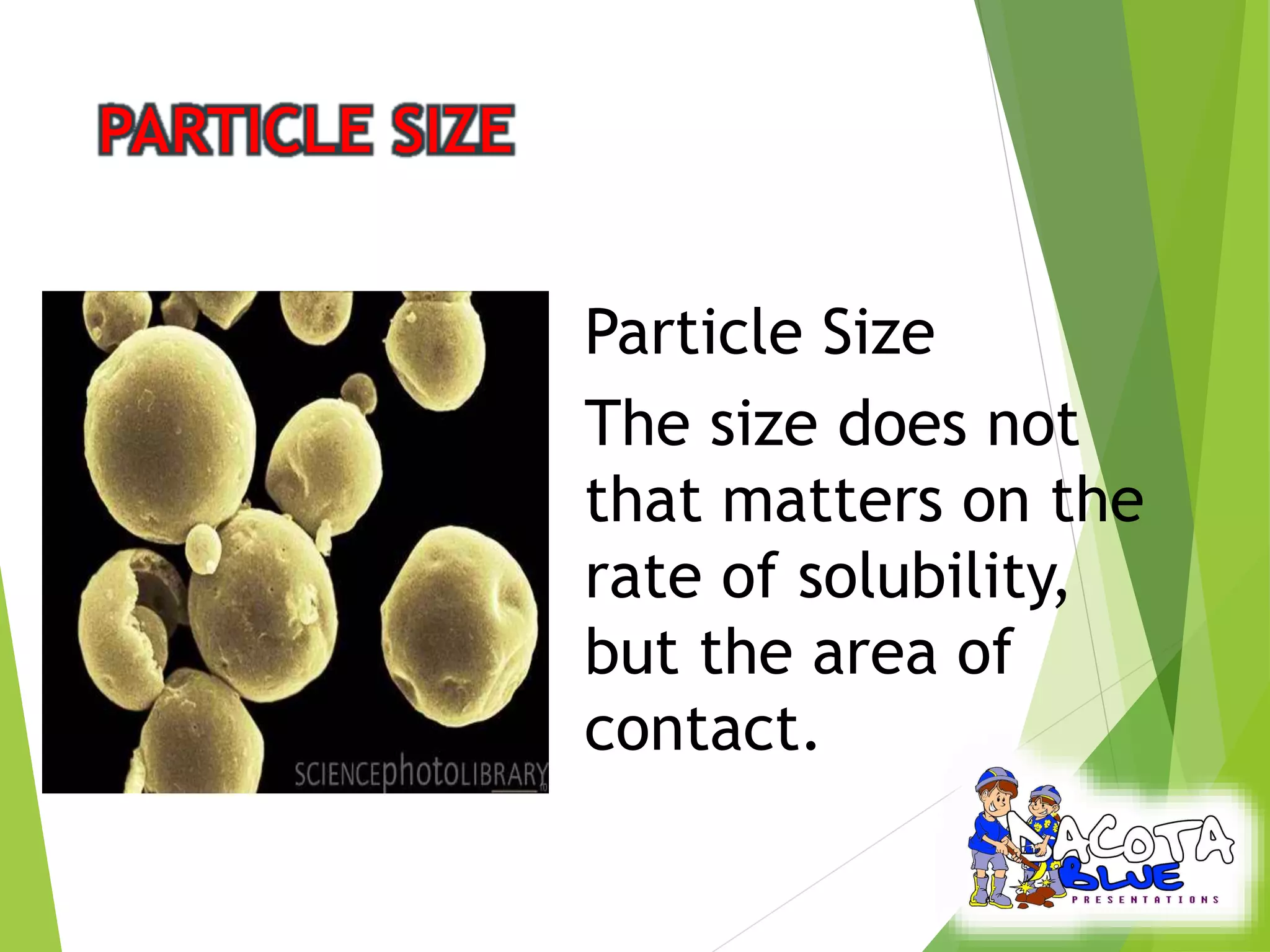 Particle Size 
The size does not 
that matters on the 
rate of solubility, 
but the area of 
contact. 
 