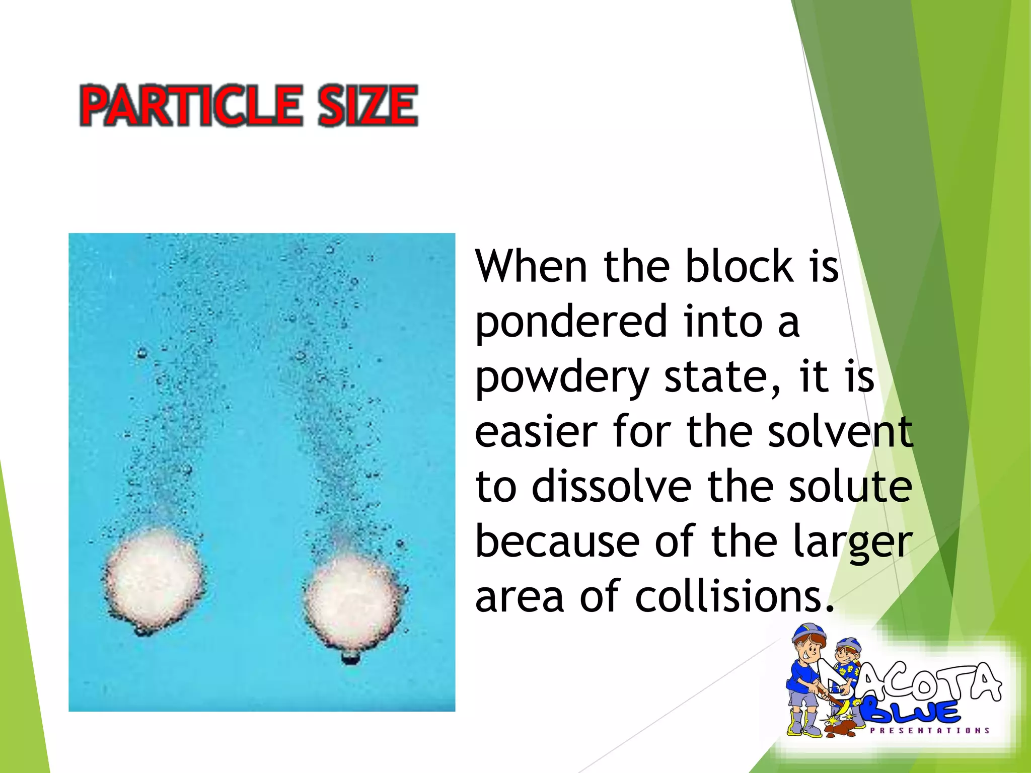 When the block is 
pondered into a 
powdery state, it is 
easier for the solvent 
to dissolve the solute 
because of the larger 
area of collisions. 
 