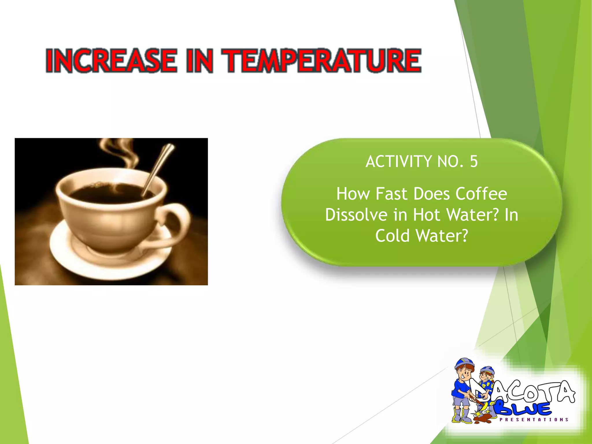 ACTIVITY NO. 5 
How Fast Does Coffee 
Dissolve in Hot Water? In 
Cold Water? 
 