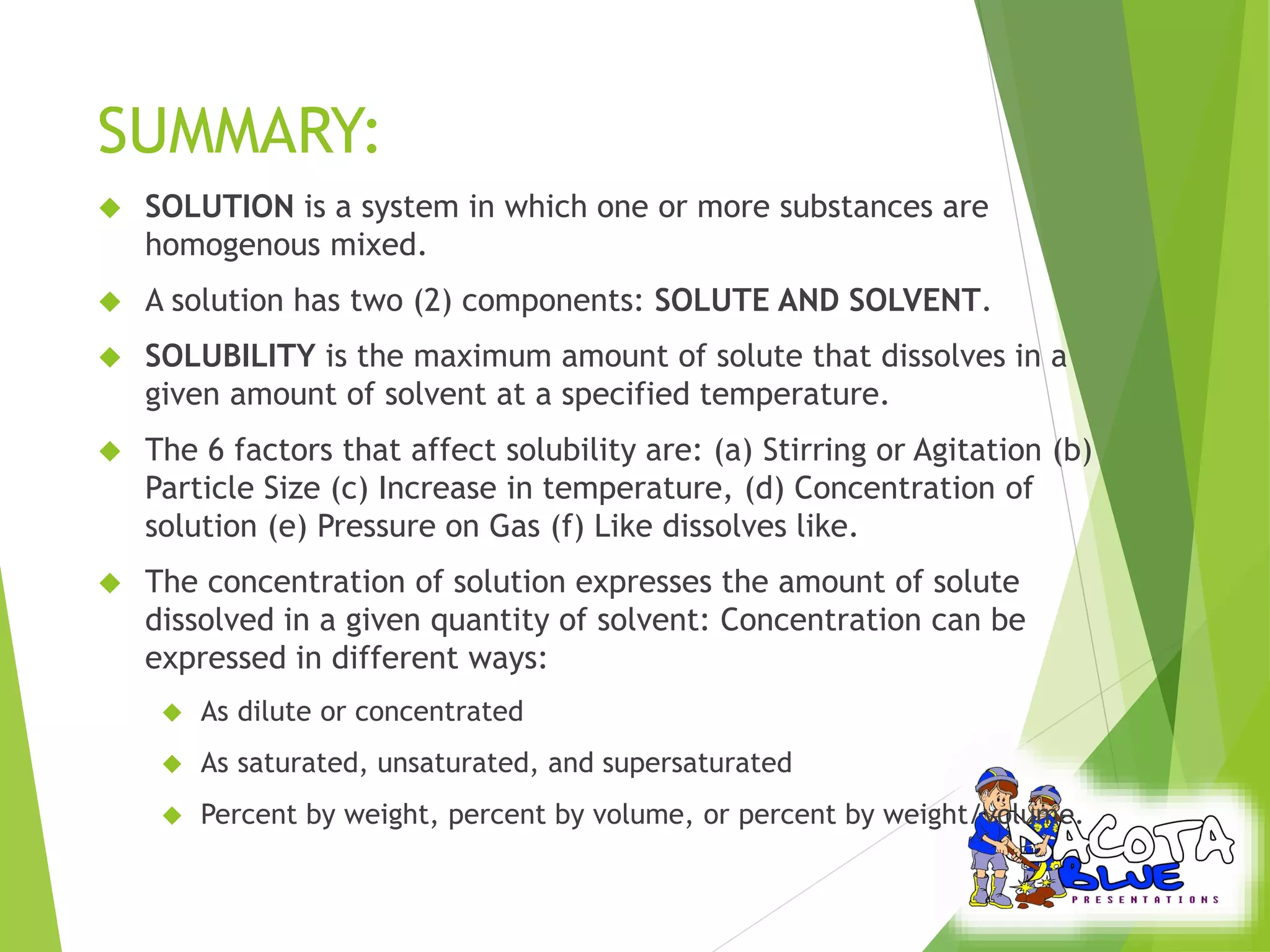 SUMMARY: 
 SOLUTION is a system in which one or more substances are 
homogenous mixed. 
 A solution has two (2) components: SOLUTE AND SOLVENT. 
 SOLUBILITY is the maximum amount of solute that dissolves in a 
given amount of solvent at a specified temperature. 
 The 6 factors that affect solubility are: (a) Stirring or Agitation (b) 
Particle Size (c) Increase in temperature, (d) Concentration of 
solution (e) Pressure on Gas (f) Like dissolves like. 
 The concentration of solution expresses the amount of solute 
dissolved in a given quantity of solvent: Concentration can be 
expressed in different ways: 
 As dilute or concentrated 
 As saturated, unsaturated, and supersaturated 
 Percent by weight, percent by volume, or percent by weight/volume. 
 