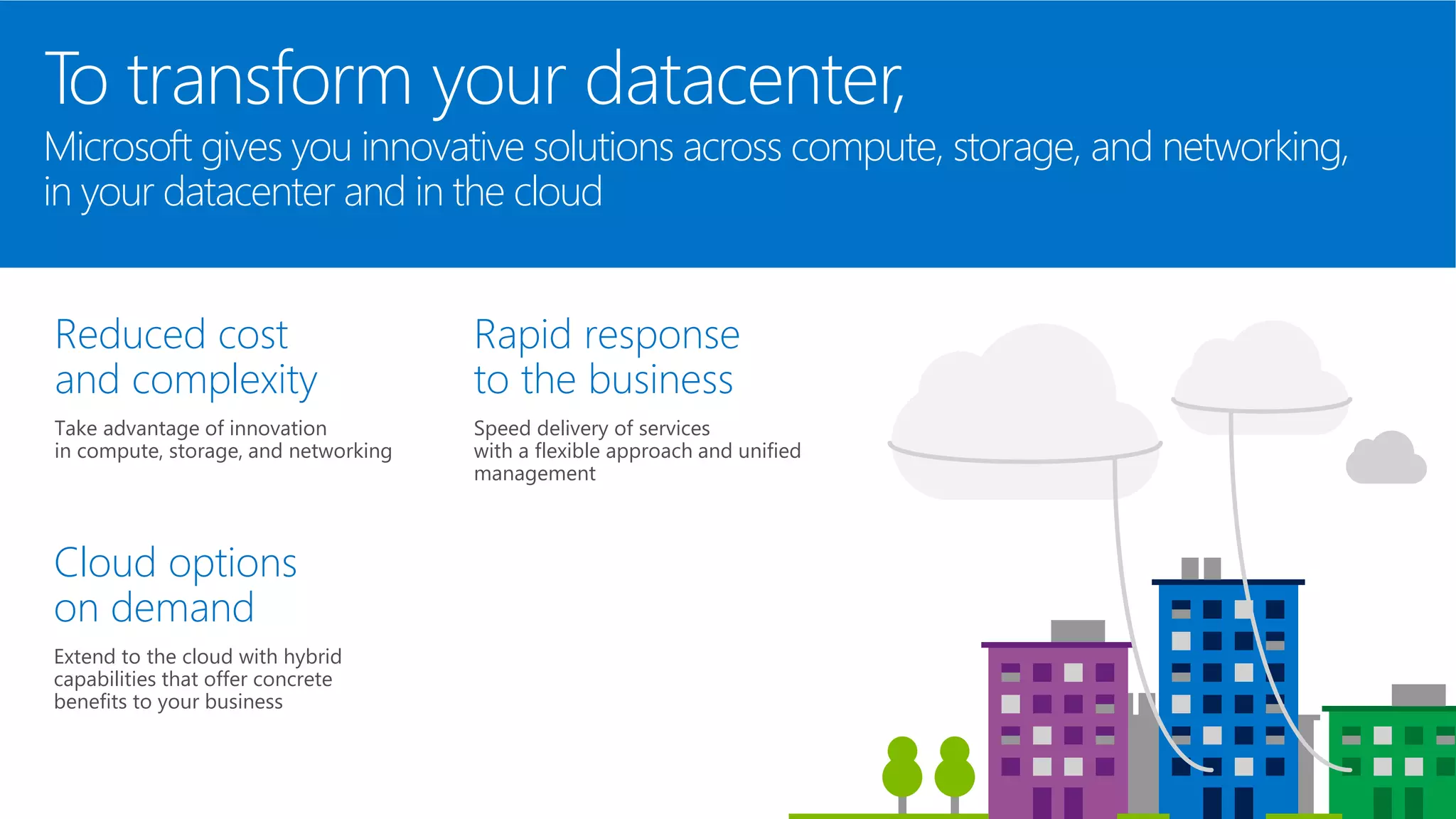 To transform your datacenter, 
Microsoft gives you innovative solutions across compute, storage, and networking, 
in your datacenter and in the cloud 
Reduced cost 
and complexity 
Take advantage of innovation 
in compute, storage, and networking 
Rapid response 
to the business 
Speed delivery of services 
with a flexible approach and unified 
management 
Cloud options 
on demand 
Extend to the cloud with hybrid 
capabilities that offer concrete 
benefits to your business 
 