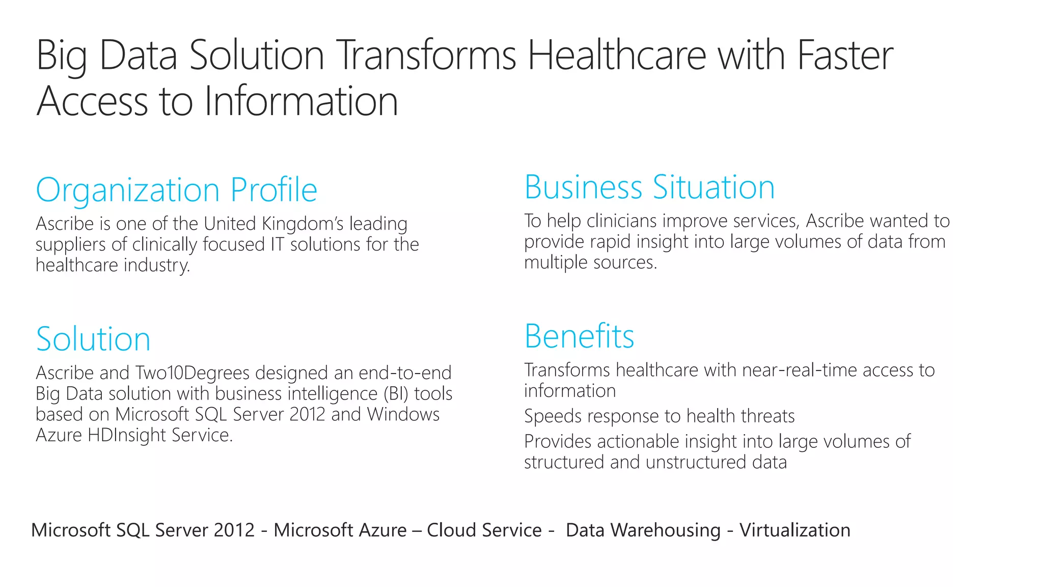 Ascribe is one of the United Kingdom’s leading 
suppliers of clinically focused IT solutions for the 
healthcare industry. 
To help clinicians improve services, Ascribe wanted to 
provide rapid insight into large volumes of data from 
multiple sources. 
Ascribe and Two10Degrees designed an end-to-end 
Big Data solution with business intelligence (BI) tools 
based on Microsoft SQL Server 2012 and Windows 
Azure HDInsight Service. 
Transforms healthcare with near-real-time access to 
information 
Speeds response to health threats 
Provides actionable insight into large volumes of 
structured and unstructured data 
Microsoft SQL Server 2012 - Microsoft Azure – Cloud Service - Data Warehousing - Virtualization 
 