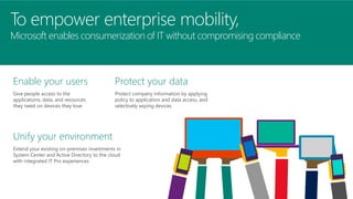 To empower enterprise mobility, 
Microsoft enables consumerization of IT without compromising compliance 
Enable your users 
Give people access to the 
applications, data, and resources 
they need on devices they love 
Protect your data 
Protect company information by applying 
policy to application and data access, and 
selectively wiping devices 
Unify your environment 
Extend your existing on-premises investments in 
System Center and Active Directory to the cloud 
with integrated IT Pro experiences 
 