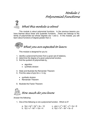 Module 1
Polynomial Functions
What this module is about
This module is about polynomial functions. In the previous lessons you
have learned about linear and quadratic functions. These two belongs to the
family of polynomials but whose degrees are 1 and 2. In this module, you will
learn about functions of degree greater than 2.
What you are expected to learn
This module is designed for you to:
1. identify a polynomial function from a given set of relations,
2. determine the degree of a given polynomial function,
3. find the quotient of polynomials by,
• algorithm
• synthetic division
4. State and illustrate the Remainder Theorem
5. Find the value of p(x) for x = k by:
• synthetic division
• Remainder Theorem
6. Illustrate the Factor Theorem
How much do you know
Answer the following:
1. One of the following is not a polynomial function. Which is it?
a. f(x) = 4x3
+ 3x2
+ 4x – 12 c. p(x) = x-4
+ 8x3
– x2
+ 2x + 8
b. f(c) = x3
- 6x2
+ 12x + 4 d. f(x) = 7x5
– 9x3
+ 5x –2
 