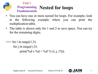 • You can have one or more nested for loops. For example, look
at the following example where you can print the
multiplication table.
• The table is shown only for 1 and 2 to save space. You can try
for the remaining digits.
>>> for i in range(1,3):
for j in range(1,3):
print('%d x %d = %d' % (i, j, i*j))
Raghavendra R Assistant Professor School of CS & IT 36
Nested for loops
Unit 1
Programming
Fundamentals
 