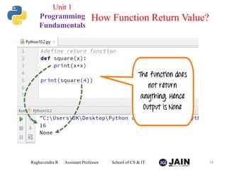 Raghavendra R Assistant Professor School of CS & IT 58
How Function Return Value?
Unit 1
Programming
Fundamentals
 