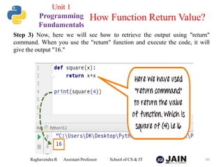 Step 3) Now, here we will see how to retrieve the output using "return"
command. When you use the "return" function and execute the code, it will
give the output "16."
Raghavendra R Assistant Professor School of CS & IT 60
How Function Return Value?
Unit 1
Programming
Fundamentals
 