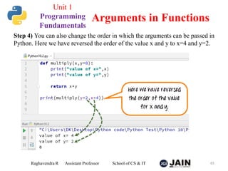 Step 4) You can also change the order in which the arguments can be passed in
Python. Here we have reversed the order of the value x and y to x=4 and y=2.
Raghavendra R Assistant Professor School of CS & IT 65
Arguments in Functions
Unit 1
Programming
Fundamentals
 