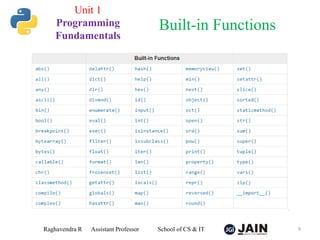 Raghavendra R Assistant Professor School of CS & IT 9
Built-in Functions
Unit 1
Programming
Fundamentals
 