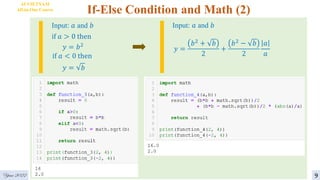 If-Else Condition and Math (2)
if 𝑎 > 0 then
𝑦 = 𝑏2
if 𝑎 < 0 then
𝑦 = 𝑏
Input: 𝑎 and 𝑏
𝑦 =
𝑏2 + 𝑏
2
+
𝑏2 − 𝑏
2
𝑎
𝑎
Input: 𝑎 and 𝑏
AI VIETNAM
All-in-One Course
Year 2022 9
 