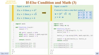 If-Else Condition and Math (3)
Input: 𝑎 and 𝑏
if 𝑎 = 0 then 𝑦 = 𝑏2
if 𝑎 = 1 then 𝑦 = 𝑏
if 𝑎 = 2 then 𝑦 = 𝑏
Input: 𝑎 and 𝑏
Convert 𝑎 into a one-hot vector 𝒗
𝑦 = 𝒗 ∙ 𝒖
𝒖 = [𝑏2
𝑏 𝑏]
𝒗 = [1 0 0]
𝒗 = [0 1 0]
𝒗 = [0 0 1]
AI VIETNAM
All-in-One Course
10
Year 2022
 