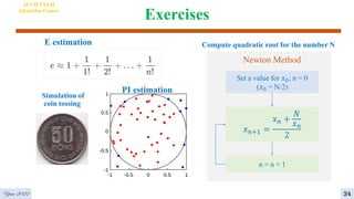 Exercises
4
AI VIETNAM
All-in-One Course
34
PI estimation
E estimation
Simulation of
coin tossing
Compute quadratic root for the number N
𝑥𝑛+1 =
𝑥𝑛 +
𝑁
𝑥𝑛
2
Newton Method
Set a value for 𝑥0; n = 0
(𝑥0 = N/2)
n = n + 1
Year 2022
 