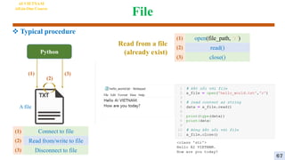 File
 Typical procedure
AI VIETNAM
All-in-One Course
Python
A file
(1)
(2)
(3)
Connect to file
Read from/write to file
Disconnect to file
(1)
(2)
(3)
open(file_path, ‘r’)
read()
close()
(1)
(2)
(3)
Read from a file
(already exist)
67
 