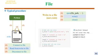 File
AI VIETNAM
All-in-One Course
Python
A file
(1)
(2)
(3)
Connect to file
Read from/write to file
Disconnect to file
(1)
(2)
(3)
open(file_path, ‘w’)
write()
close()
(1)
(2)
(3)
Write to a file
(not exist)
 Typical procedure
69
 