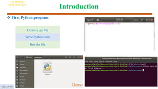 Introduction
 First Python program
AI VIETNAM
All-in-One Course
Create a .py file
Write Python code
Run the file
Demo
Year 2022
 
