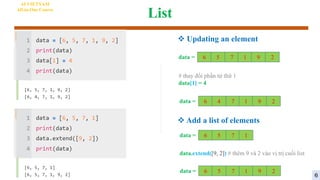 List
AI VIETNAM
All-in-One Course
6 5 7 1 9 2
data =
# thay đổi phần tử thứ 1
data[1] = 4
data = 6 4 7 1 9 2
 Updating an element
 Add a list of elements
6 5 7 1
data =
data.extend([9, 2]) # thêm 9 và 2 vào vị trị cuối list
6 5 7 1 9 2
data =
6
 