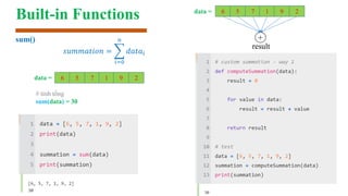 Built-in Functions
sum()
6 5 7 1 9 2
+
result
data =
6 5 7 1 9 2
data =
# tính tổng
sum(data) = 30
𝑠𝑢𝑚𝑚𝑎𝑡𝑖𝑜𝑛 = ෍
𝑖=0
𝑛
𝑑𝑎𝑡𝑎𝑖
 