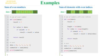 Examples
AI VIETNAM
All-in-One Course
Sum of even numbers
6 5 7 1 9 2
data =
Sum of elements with even indices
6 5 7 1 9 2
data =
 