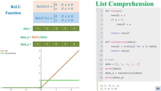 List Comprehension
ReLU
Function
ReLU 𝑥 = ቊ
0 if 𝑥 ≤ 0
𝑥 if 𝑥 > 0
ReLU ′ 𝑥 = ቊ
0 if 𝑥 ≤ 0
1 if 𝑥 > 0
26
 