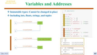 Variables and Addresses
4
AI VIETNAM
All-in-One Course
40
 Immutable types: Cannot be changed in place
 Including ints, floats, strings, and tuples
“AI”
x
1511427633024
y
1511427633024
x
1511427693808
“AI VIETNAM”
“AI”
y
1511427633024
Year 2022
 
