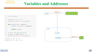 Variables and Addresses
4
AI VIETNAM
All-in-One Course
48
add
a_list
number
1 2 3
0 1 2
a_list
address 1
4
address 2
Year 2022
 
