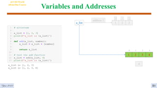 Variables and Addresses
4
AI VIETNAM
All-in-One Course
51
1 2 3
0 1 2
a_list
address 1
4
1 2 3
0 1 2
4
3
Year 2022
 