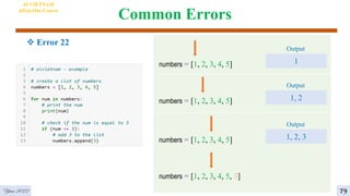 Common Errors
 Error 22
AI VIETNAM
All-in-One Course
numbers = [1, 2, 3, 4, 5] 1
Output
numbers = [1, 2, 3, 4, 5] 1, 2
Output
numbers = [1, 2, 3, 4, 5] 1, 2, 3
Output
numbers = [1, 2, 3, 4, 5, 3]
79
Year 2022
 