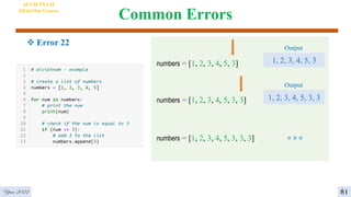 Common Errors
 Error 22
AI VIETNAM
All-in-One Course
numbers = [1, 2, 3, 4, 5, 3] 1, 2, 3, 4, 5, 3
Output
numbers = [1, 2, 3, 4, 5, 3, 3] 1, 2, 3, 4, 5, 3, 3
Output
numbers = [1, 2, 3, 4, 5, 3, 3, 3] ° ° °
81
Year 2022
 