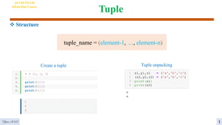 Tuple
 Structure
AI VIETNAM
All-in-One Course
tuple_name = (element-1, …, element-n)
Create a tuple Tuple unpacking
Year 2022 1
 