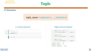 Tuple
AI VIETNAM
All-in-One Course
tuple_name = (element-1, …, element-n)
( ) can be removed Tuple with one element
Year 2022
 Structure
2
 