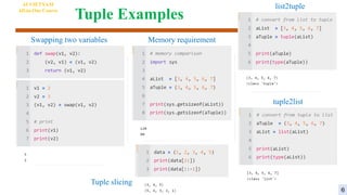 Tuple Examples
AI VIETNAM
All-in-One Course
Swapping two variables
list2tuple
tuple2list
Memory requirement
Tuple slicing
6
 