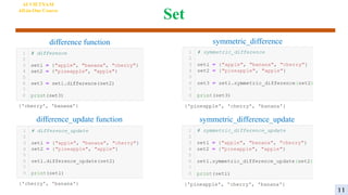 Set
AI VIETNAM
All-in-One Course
difference function
difference_update function
symmetric_difference
symmetric_difference_update
11
 