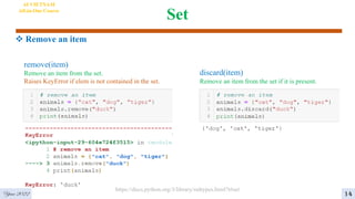 Set
AI VIETNAM
All-in-One Course
remove(item)
Remove an item from the set.
Raises KeyError if elem is not contained in the set.
https://docs.python.org/3/library/stdtypes.html?t#set
discard(item)
Remove an item from the set if it is present.
Year 2022
 Remove an item
14
 