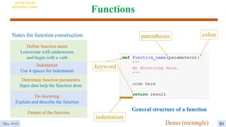 Functions
4
AI VIETNAM
All-in-One Course
Define function name
Lowercase with underscores
and begin with a verb
Determine function parameters
Input data help the function done
Do docstring
Explain and describe the function
Output of the function
Notes for function construction
Indentation
Use 4 spaces for indentation
parentheses colon
keyword
General structure of a function
indentation
Demo (rectangle) 31
Year 2022
 