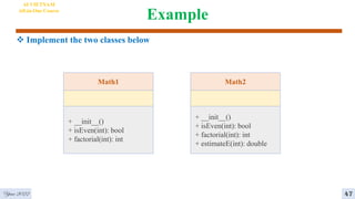 Example
 Implement the two classes below
Math1
+ __init__()
+ isEven(int): bool
+ factorial(int): int
Math2
+ __init__()
+ isEven(int): bool
+ factorial(int): int
+ estimateE(int): double
AI VIETNAM
All-in-One Course
47
Year 2022
 