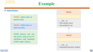 Example
 Inheritance
Year 2022
Math1: super class or
parent class
Math2: child class or
derived class
Child classes can use
the public and protected
attributes and methods
of the super classes.
Math1
+ __init__()
+ isEven(int): bool
+ factorial(int): int
Math2
+ __init__()
+ estimateEuler(int): double
52
AI VIETNAM
All-in-One Course
 