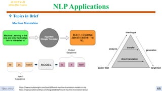 NLPApplications
AI VIETNAM
All-in-One Course
Year 2022
 Topics in Brief
https://www.studytonight.com/post/different-machine-translation-models-in-nlp
https://www.analyticsvidhya.com/blog/2019/01/neural-machine-translation-keras/
Machine Translation
68
 