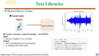 Text Libraries
❖ librosa Library: Usages
😳 Syntax: librosa.load(filename, sr=22050)
Input:
• filename: filepath of .wav soundfile
Output:
• data: sound datapoints (in time-domain)
• sr: sampling rate of the sound
Speech Reader
Input
source: https://librosa.org/doc/main/generated/librosa.load.html
🌟 Sound reader
AI VIETNAM
All-in-One Course
90
 