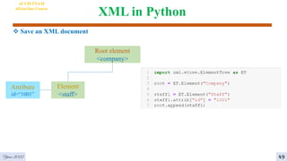 XML in Python
Year 2022 49
Root element
<company>
Element
<staff>
Attribute
id=“1001”
AI VIETNAM
All-in-One Course
 Save an XML document
 